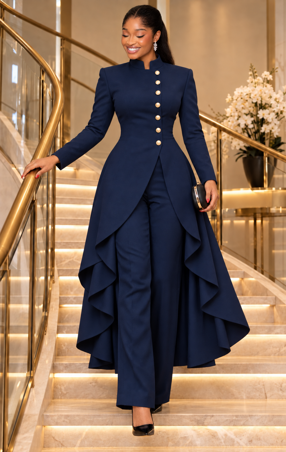Woman in a navy outfit standing on a gold-trimmed staircase
